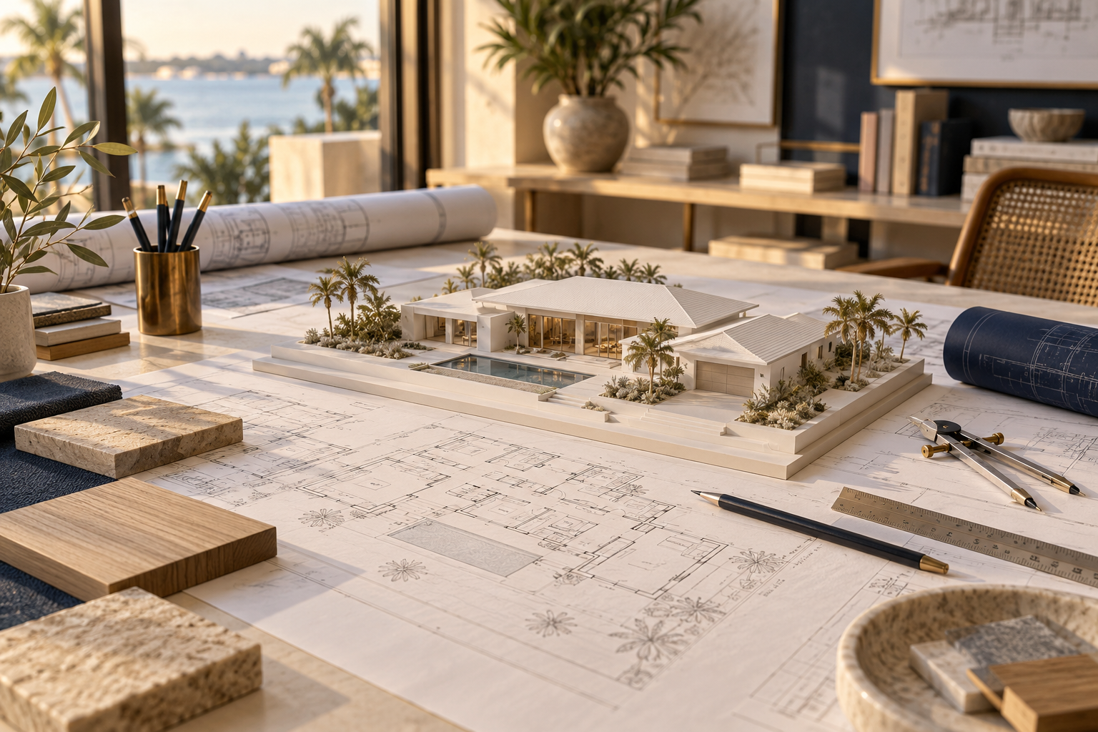 Conceptual architectural studio with residential model, floor plans and drafting tools